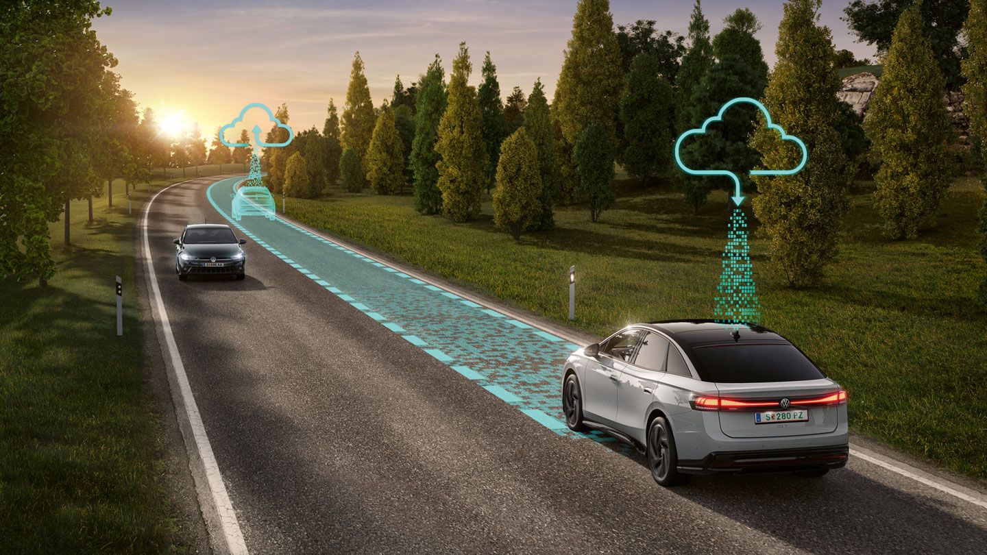 Grafica prezintă sistemul opțional Travel Assist cu mass location data în VW ID.7