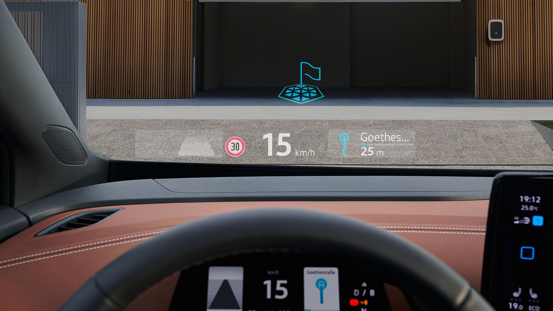 Vedere din interiorul parbrizului unui VW ID.5 cu head-up display