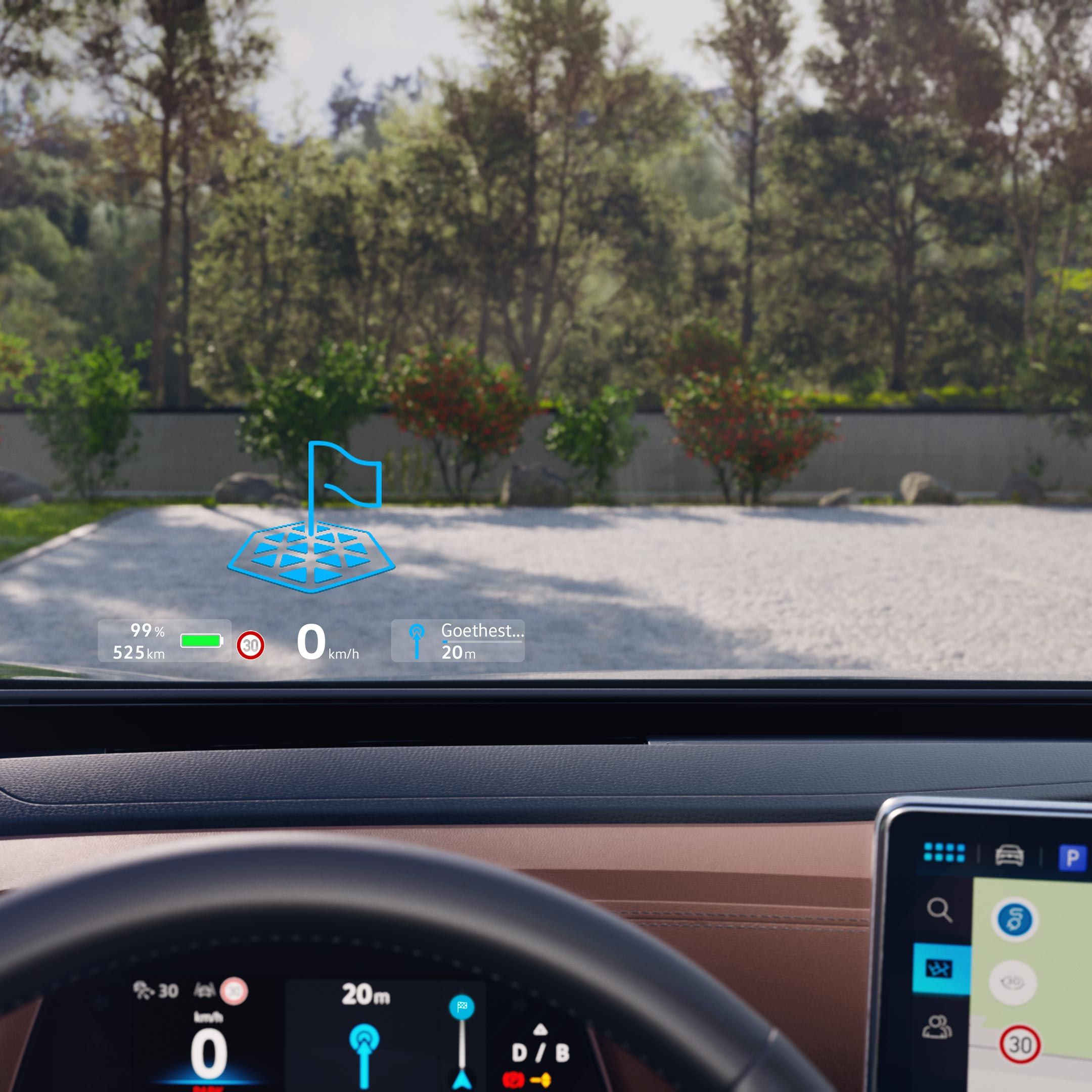 Vedere detaliată a Head-up-Display-ului cu realitate augmentată pe parbrizul modelului VW ID.4, aflat pe o alee. În marginea de jos a imaginii se vede Cockpit-ul digital prin volan.